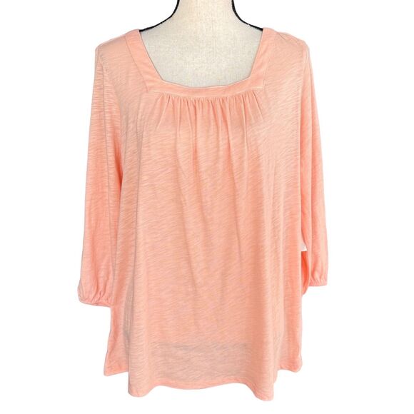 Style & Co. Tops - Style & Co 0X-Large Top 3/4 Sleeves Square Pleated Neck Stretch Peach New